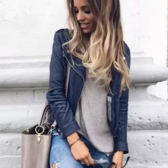 JOIE Caldine Moto Jacket Navy Blue Leather Zip Up Collared Women’s Size Medium - Picture 15 of 16